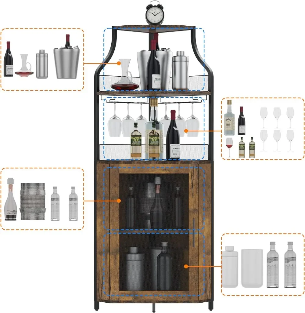 Corner  Cabinet with Removable Wine Rack, Wine Bar Cabinet with Barn Door and Adjustable Shelves, Industrial Wine Cabinet