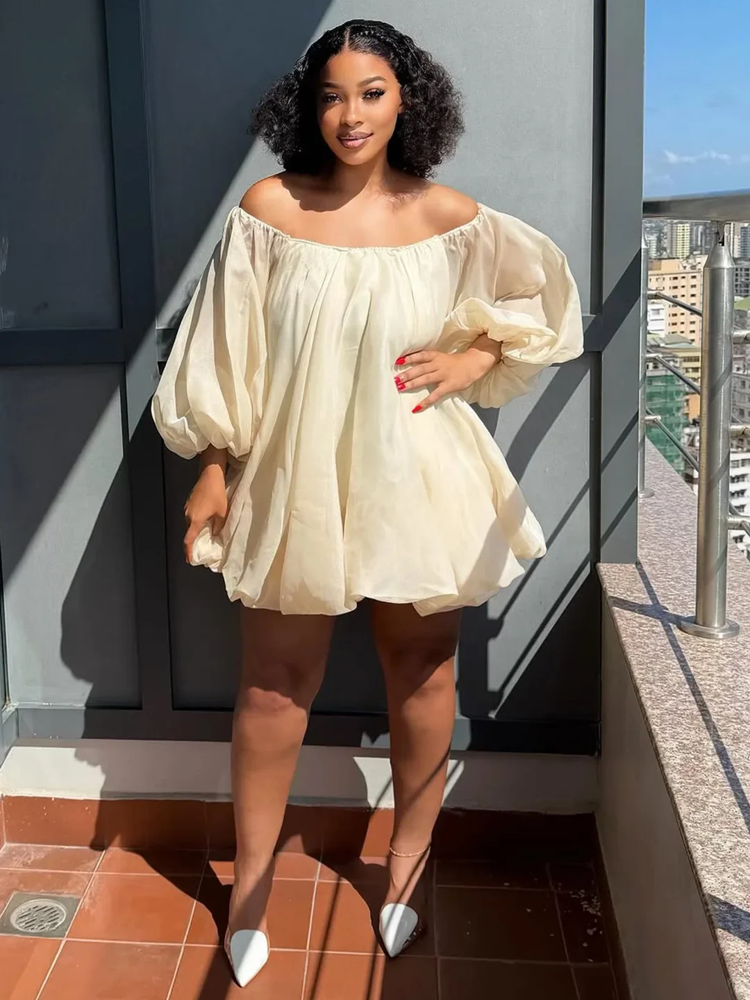 Summer New Women's Off Shoulder Puff Sleeve Loose Flounce Hem Mini Dress Elegant Slimming Comfort Casual All-match Commute Dress