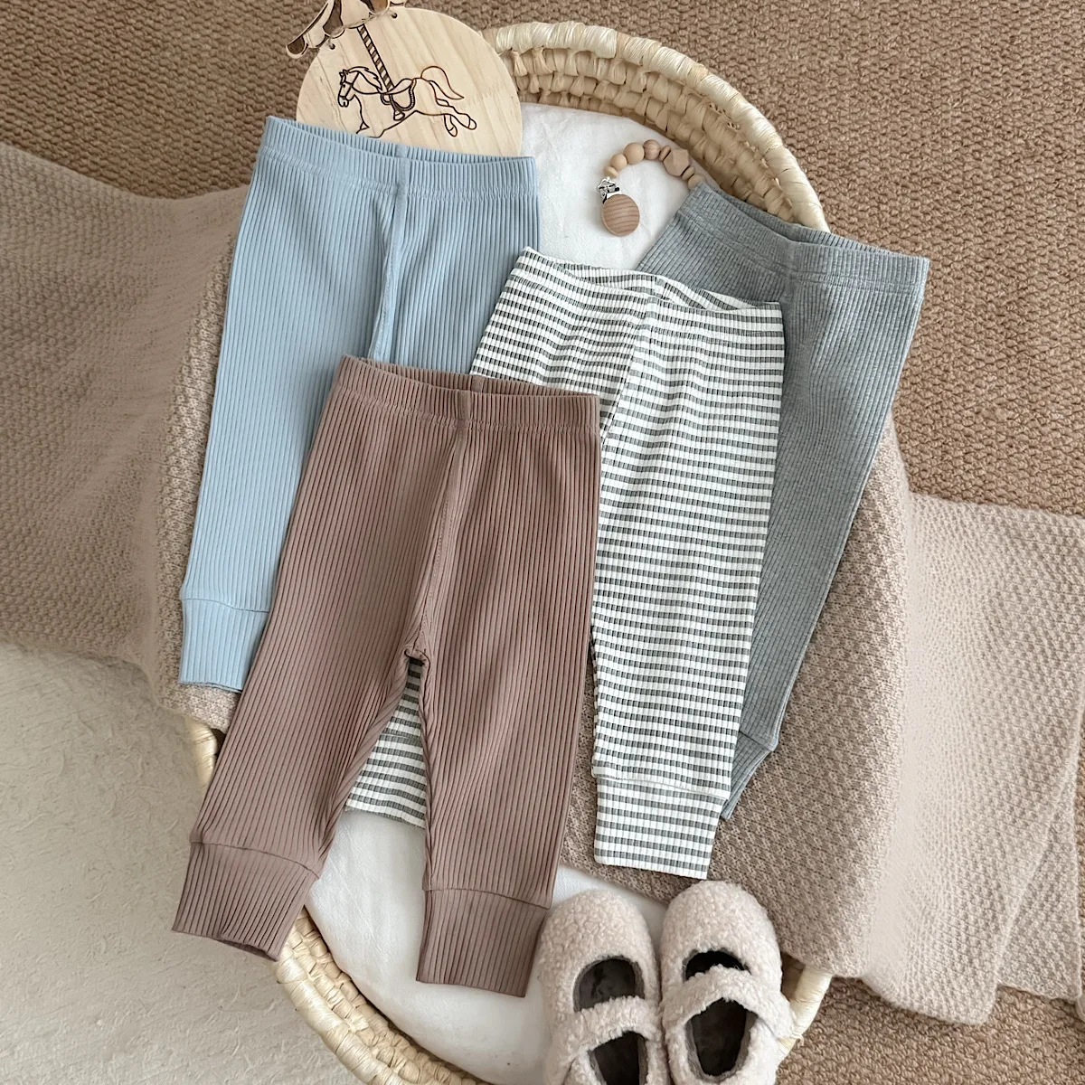 Korean Simple Infant 4‑Pack Ribbed Leggings, Multi‑Color Set Solid Striped Elastic Waist Baby Cuffed Trousers