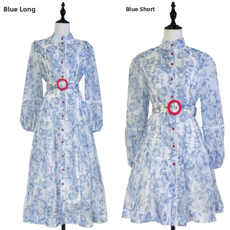 Vestido Australiano Nuevo para Mujer, Cuello Alto, Manga Larga Abullonada, Bloques de Color, Botón Único, Estampado Azul, Est...