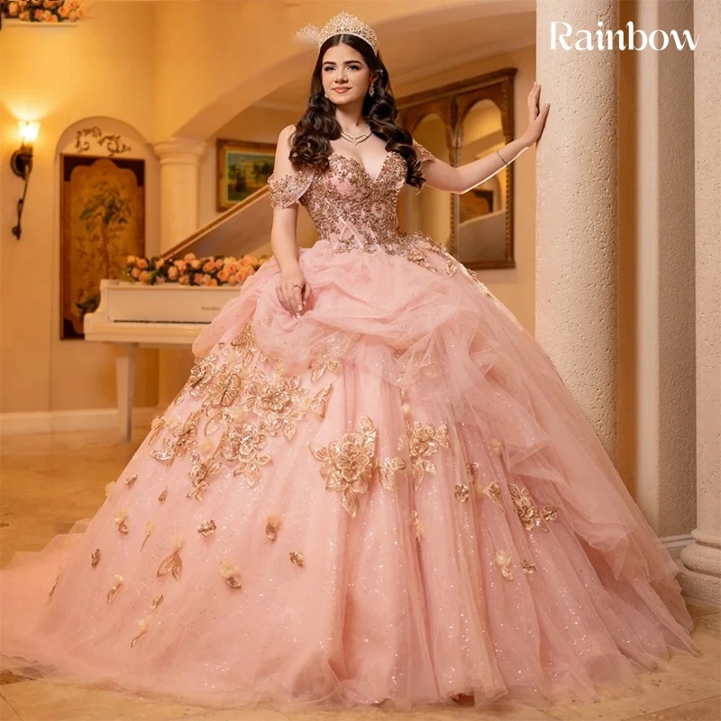 Weg von der Schulter Quinceneara Kleid Rüschen Organza mit bestickter Spitze Abschlussball-Partykleid ärmellos maßgeschneidert Vestido De Noche