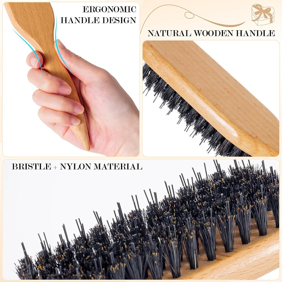 Wooden Boar Bristle Hair Brush Set, 3Pcs