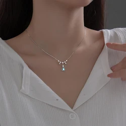 Fashion 925 Sterling Silver Droplet Necklace Blue Moonlight Stone Necklace Women's Minimalist Collar Chain Wedding Jewelry Gift