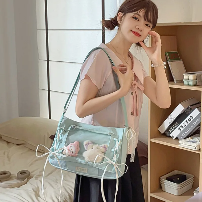 Kawaii Ribbon Bow Transparent Tote Ita Bag for schoolgirl Large Capacity Clear PVC Shoulder Handbag Cute Anime Crossbody Purse