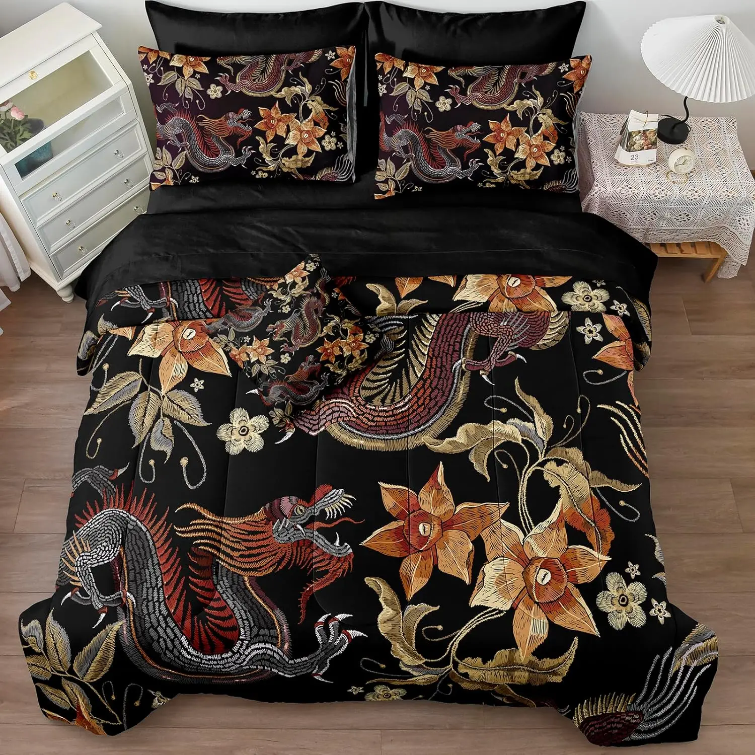 

Black Twin Bed in a Bag Abstract Dragon Bedding Set Yellow Vintage Floral Home Decor Comforter Set Boho Hippie Down Comforter Se