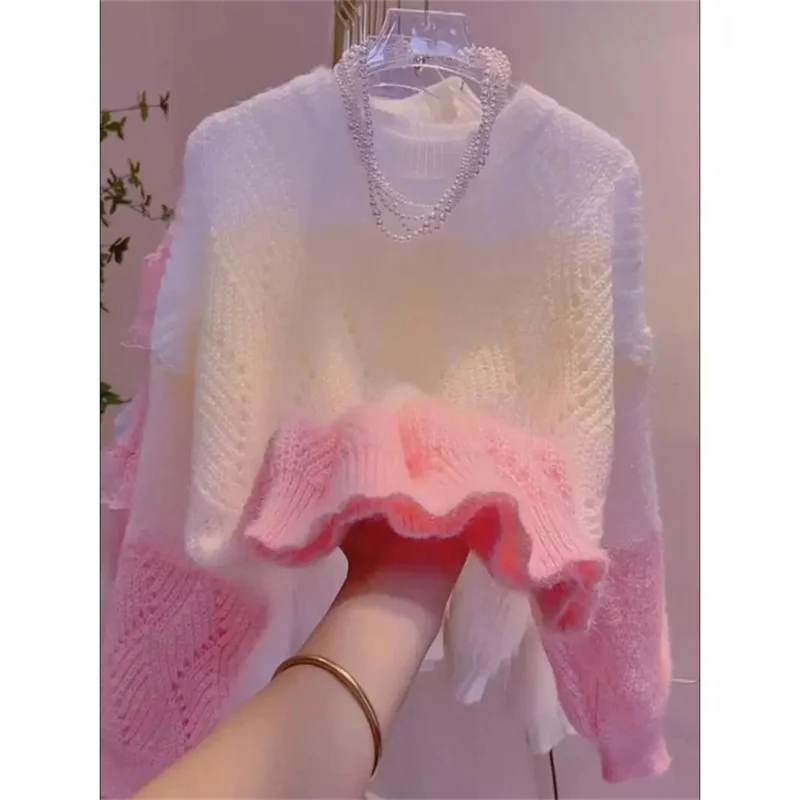 Lazy Style Colorful Hollow Knit Top For Women's Spring Autumn New Sweet Color Blocking Round Neck Long Sleeved Pullover Sweater