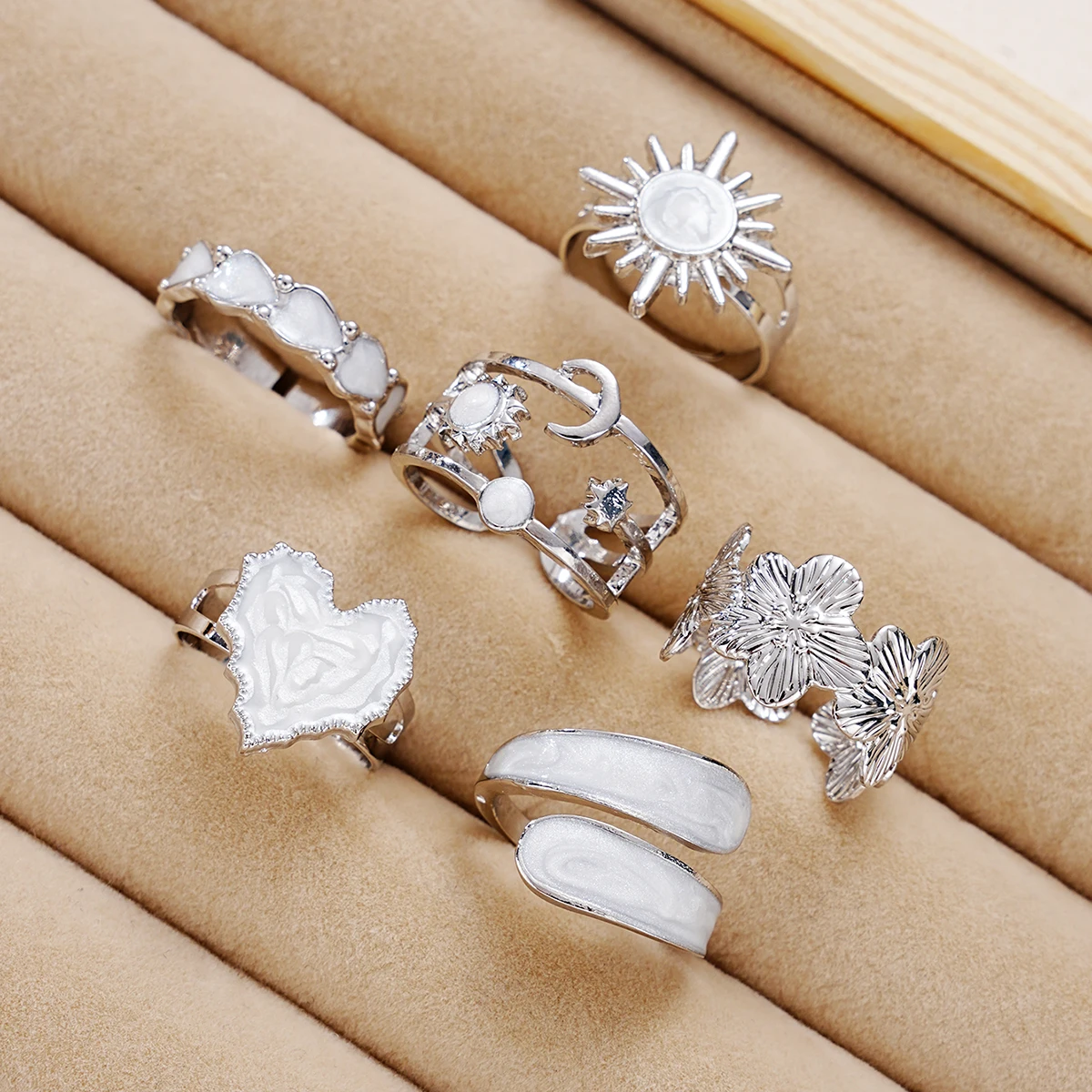 6 Pcs Silver Color Ring Set For Women Fashion Sun Moon Heart Flower Stackable Rings Opal Jewelry For Party Daily Wear Gifts 2026