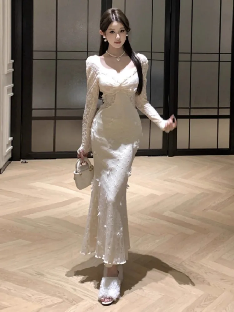 Topanoma Wedding Party Dresses Women Sexy Elegant Square Collar Slim Lace Evening Dress Temperament Banquet Engagement Ladies