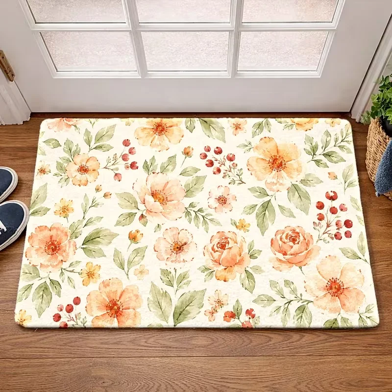 Peony Rose Door Mat Non Slip Entrance Rug Vintage Floral Berry Leaf Pattern Doormat Cottage Farmhouse Home Decor Carpet