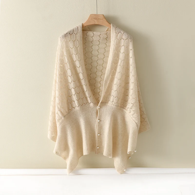100% Pure Cashmere Women'S Scarf And Shawl Dual-Use Knitted Outerwear Air Conditioning Cardigan Shoulder Protector Hollow Cape