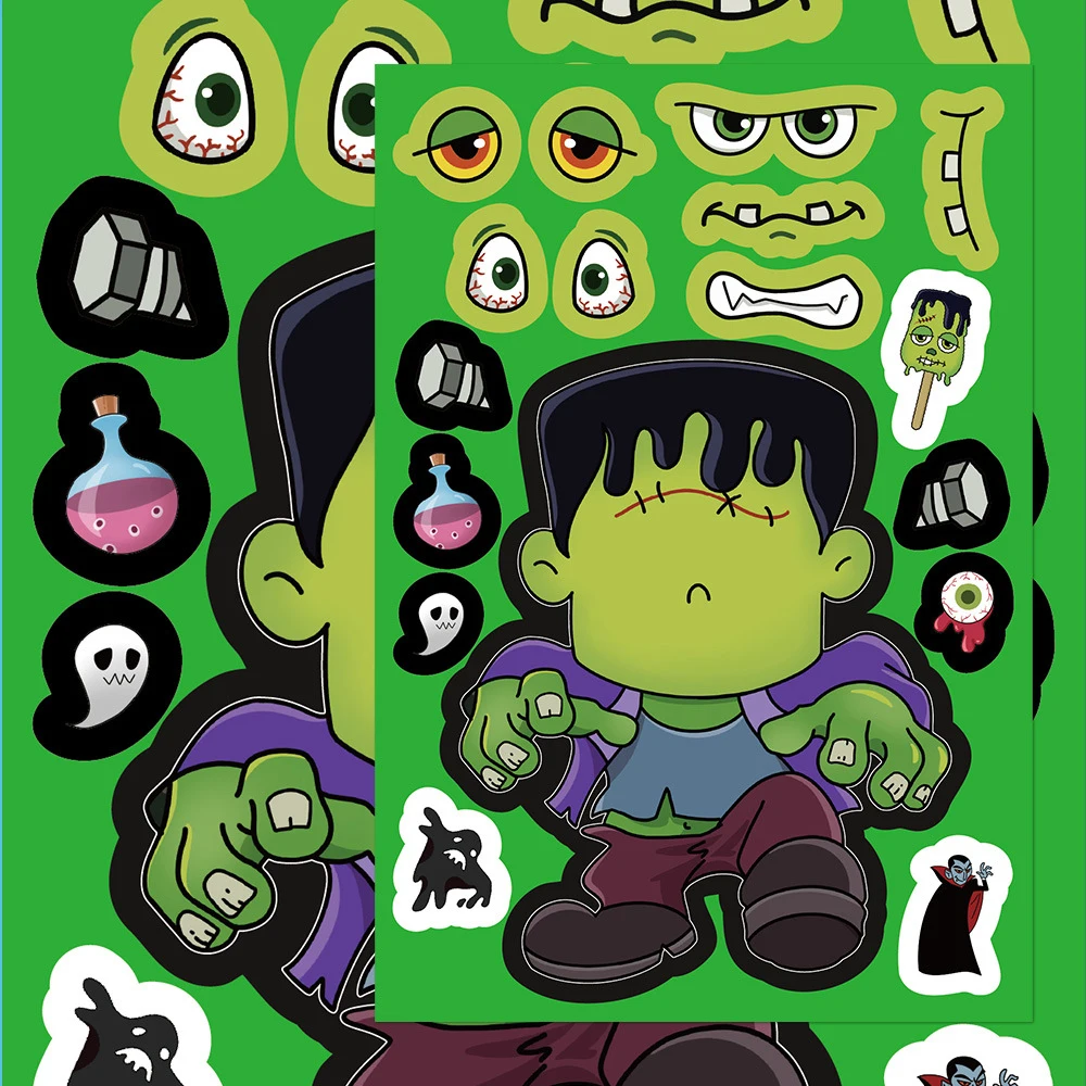 8/16 Blatt Make A Face Halloween-Puzzle-Aufkleber, lustige Zombie-Hexe, DIY-Puzzle-Aufkleber zum Zusammenbauen, Jungen- und Mädchen-Geburtstagsgeschenk, Spielzeug, Geschenk