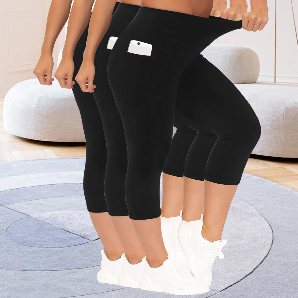 3 Pack Plus Size Sports Leggings Set, High Waist Yoga Pants With Pockets, Tummy Control Workout Running Yoga Leggings For Women