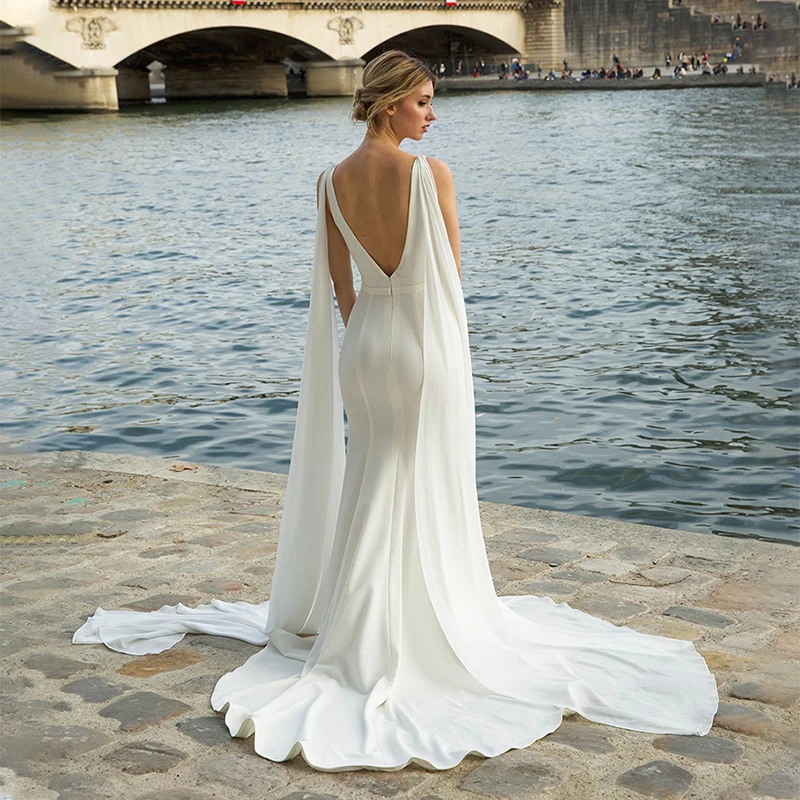 

Sexy Mermaid Wedding Dress for Women 2023 V-neck Open Back Bride Bridal Gowns Detachable Cap Vestido De Noiva