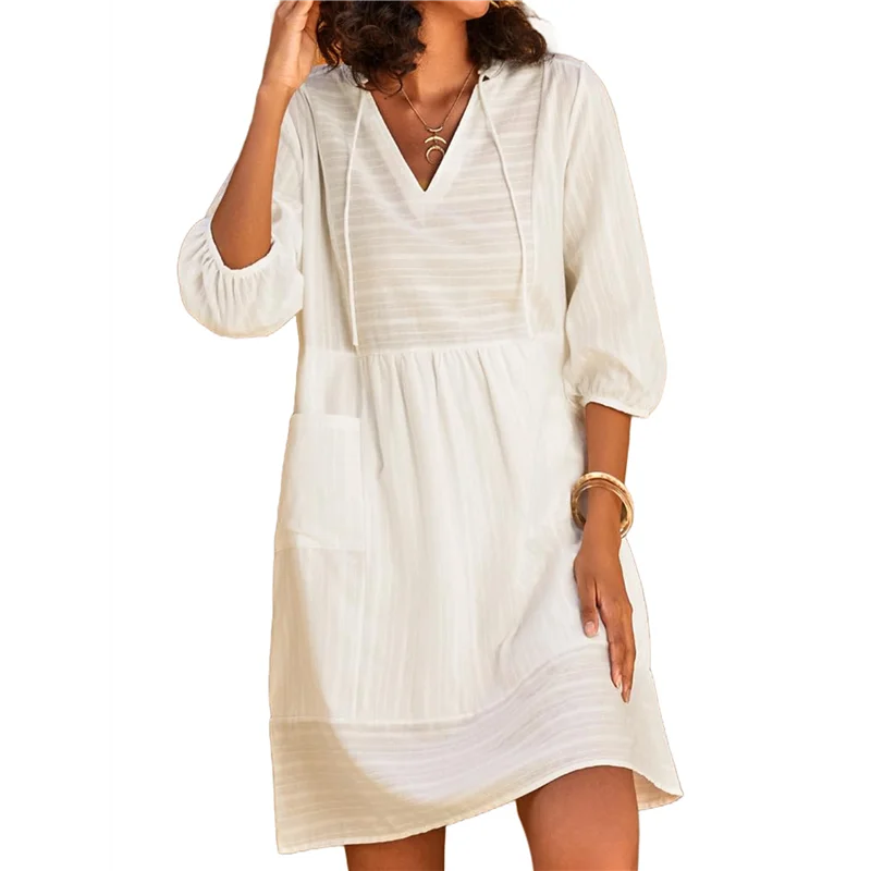 AOAO-Womens V Neck Cotton Casual Loose Shift Tunic Smock Summer Dresses Vacation Dress 3/4 Sleeve Pocket