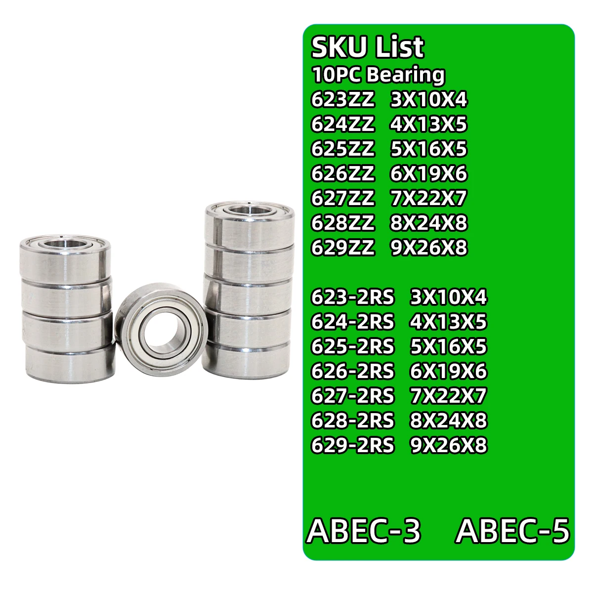10PC Bearing 623 624 625 626 627 628 629 ZZ 2RS 3X10X4 4X13X5 5X16X5 6X19X6 7X22X7 8X24X8 9X26X8 DALUO Bearing