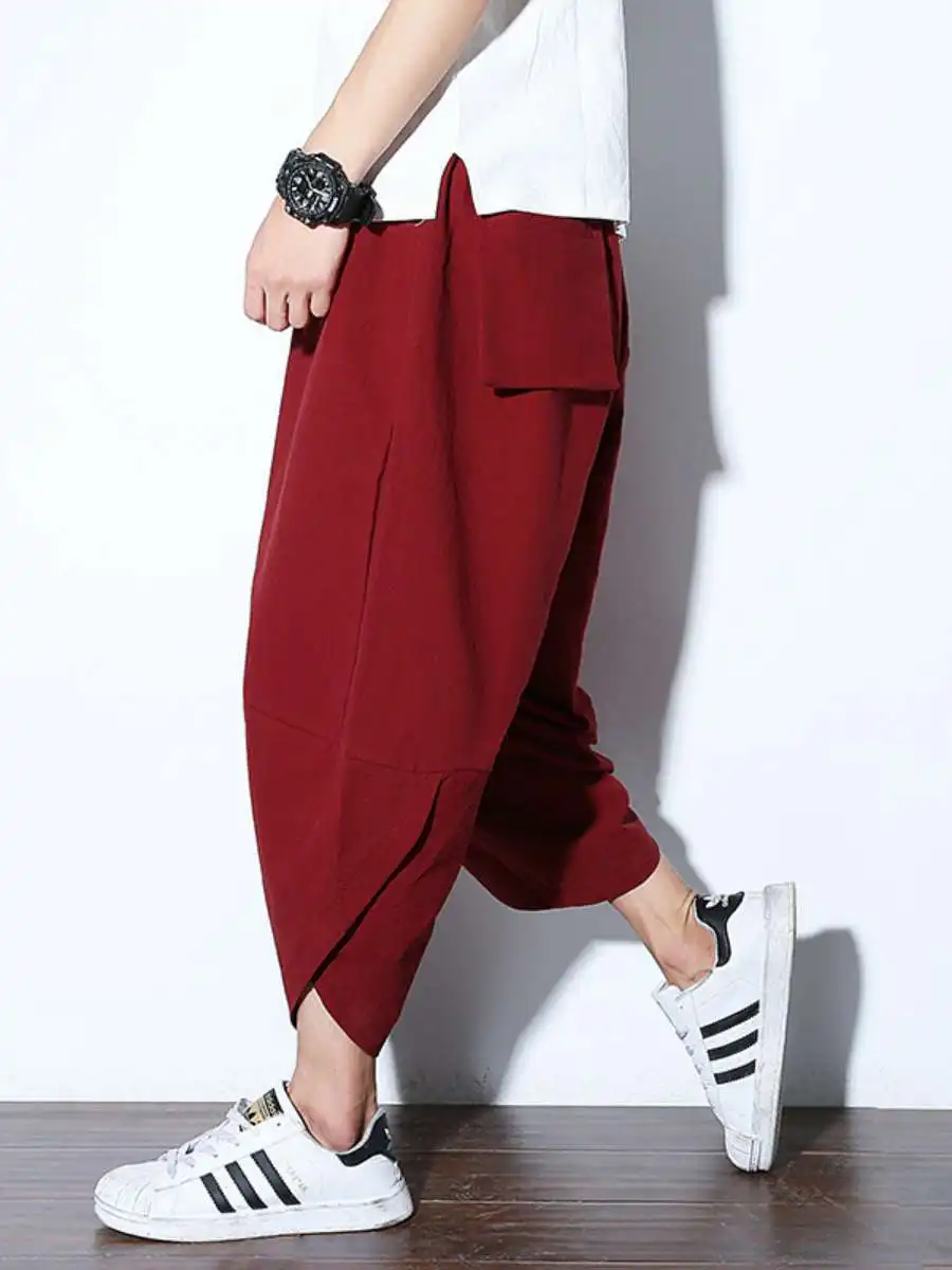 

Summer New Men's Large Size Lin Cotton Linen Seven-Foot Lantern Pants Casual Loose Fit Trousers Comfortable Breathable