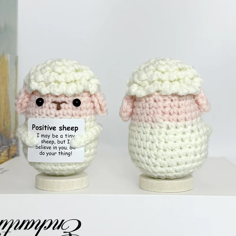 Cute Handwoven Knitted Positive Energy Sheep Dolls With Card Funny Crochet Emotional Support Animal Sheep Desktop Ornament Gifts