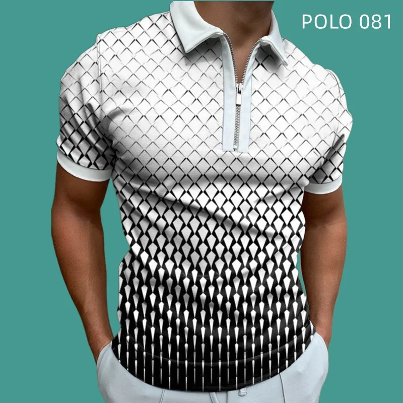 

2023 Summer Men's Zipper Polo Shirt Fashion Striped Print Polo Shirts Men Streetwear Casual Short Sleeve T-Shirt Men Polos Tops