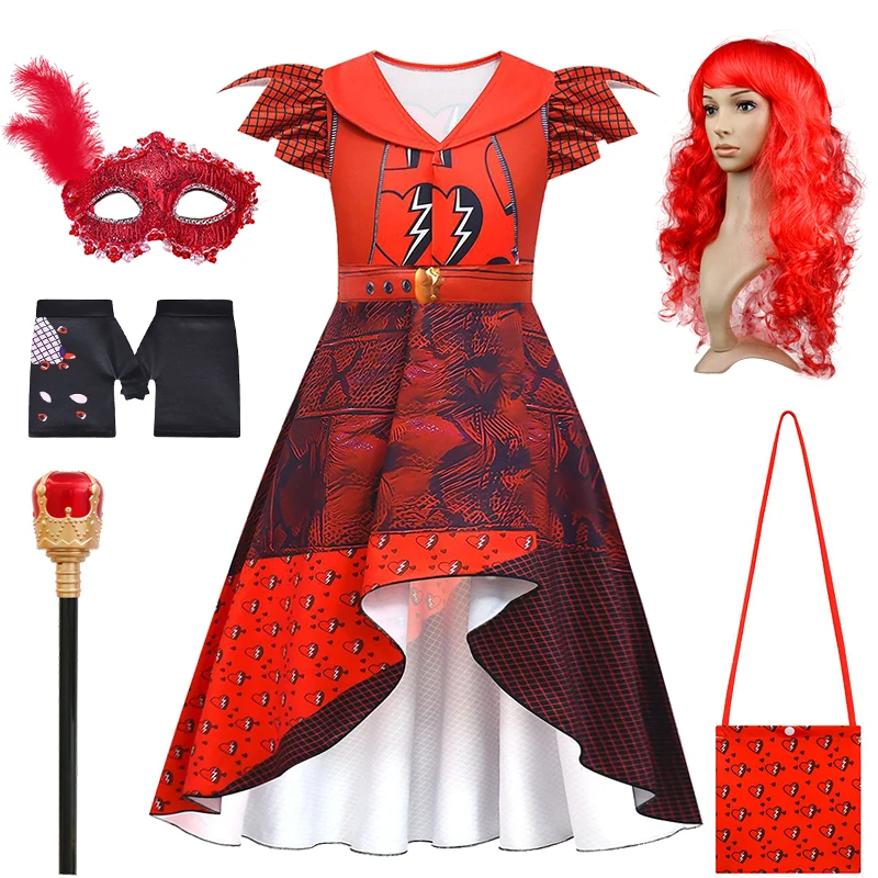 

Halloween Cosplay Descendants 4 Protagonist Costumes for Children's Girls Masquerade Party Queen of Hearts Princess Red Dress