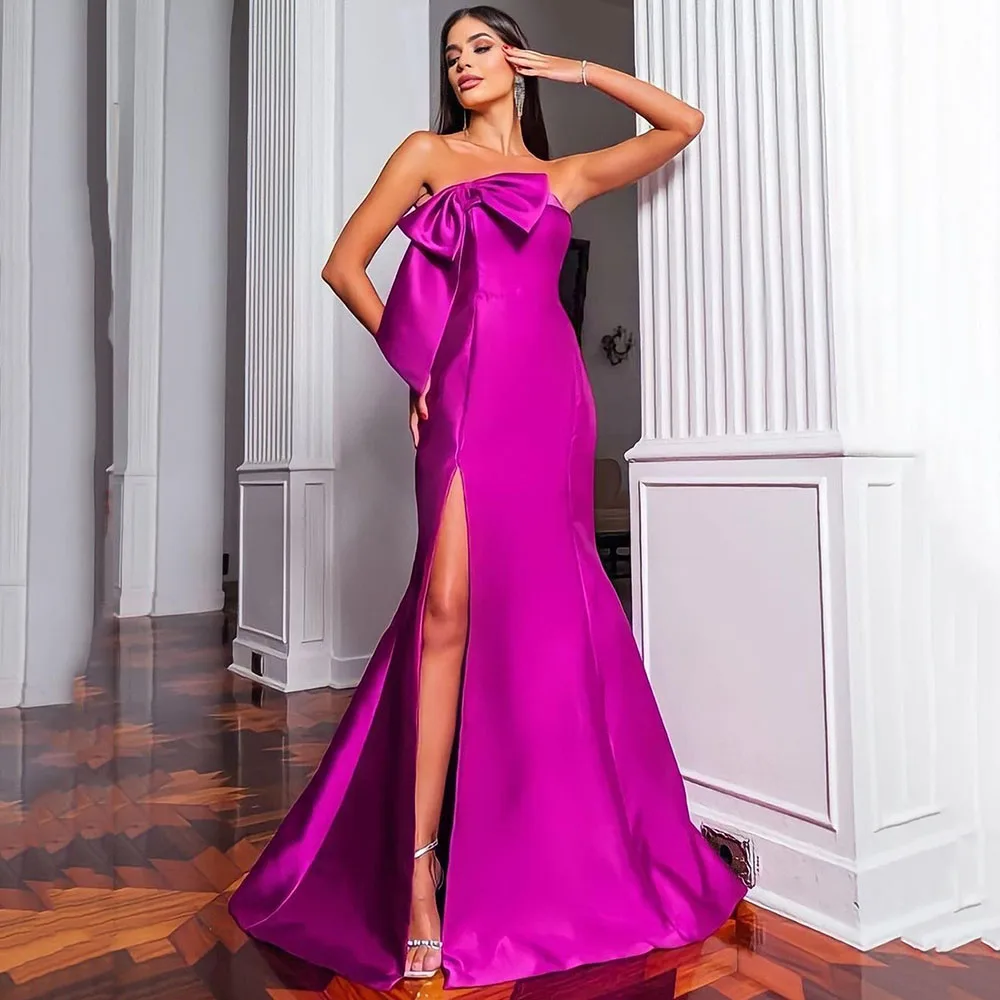 

Msikoods Long Saudi Arabia Purple Evening Dresses Bow Side Split Prom Dresses Dubai Mermaid Gala party Gowns vestidos de novia