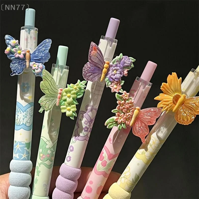 〔NN77〕5Pcs/Set Black Gel Pens Random Color Floral Butterfly Designs Quick Drying Girly Ins Style Ideal For Office Study Exam Use
