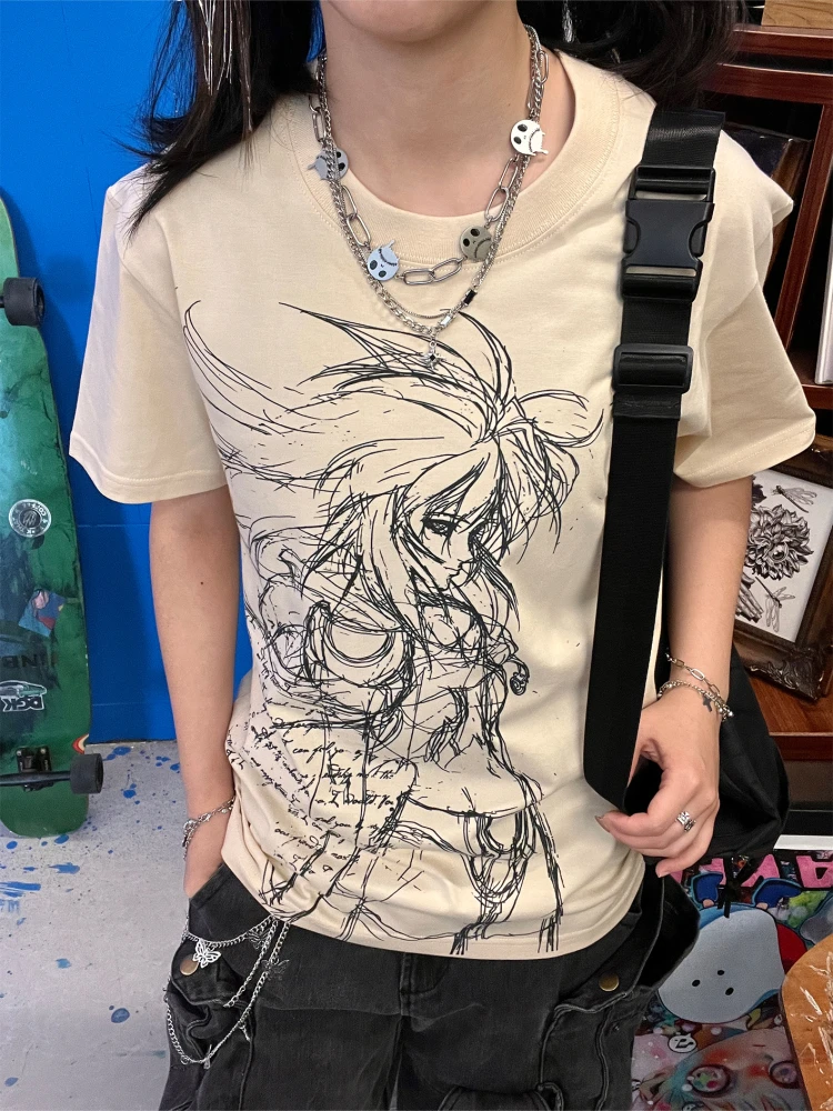 Heavyweight 260G Long Hair Anime Line Art Vintage Couple's Short Sleeve T-Shirt Cotton Spandex Blend Spring 2025 Collection