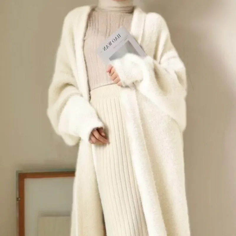 

white Long Cardigan for women 2024 winter clothes Knitted fluffy long sleeve Cashmere sweater coat clotkorean style warm vintage