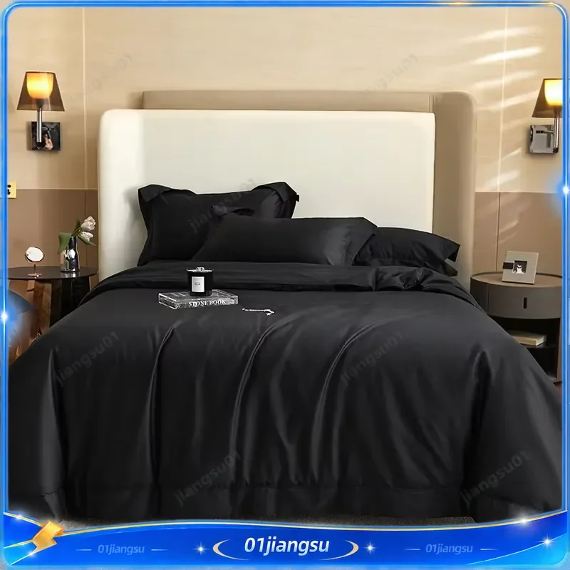 Luxury 1400TC Egyptian Cotton Bedding Set Black Silky Soft Duvet Cover Fitted Sheet Pillowcases 4 Piece Home Textiles Queen