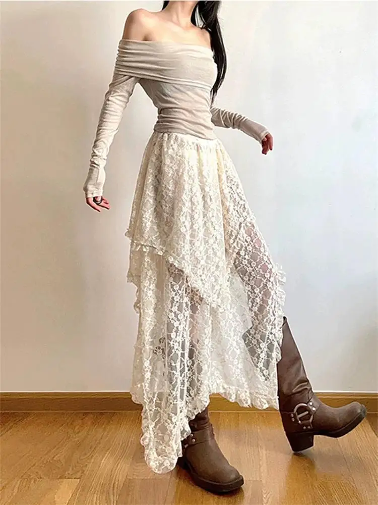 Bohemian Style Asymmetrical Lace A-Line Midi Skirt Lightweight Draping Half-length Women's Casual High Waist Elastic Waist