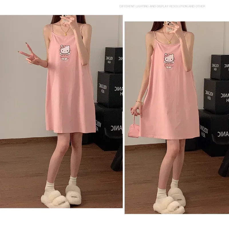 Sanrio Hello Kitty Summer Spaghetti Straps Sleeveless Long Dress Cool Women\'s Pajamas Silk Pajamas Female Home Wear Nightdress