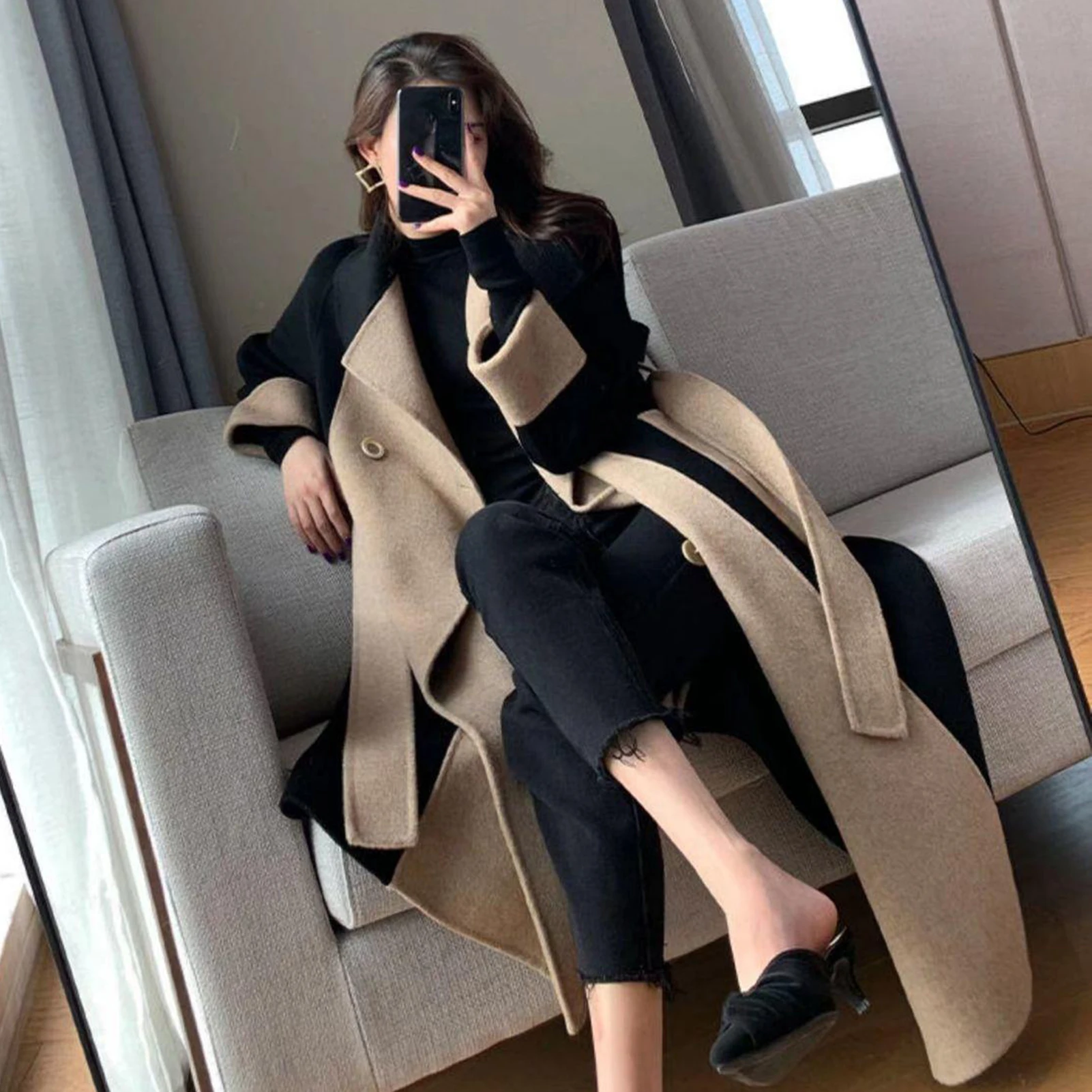 Soft Women Long Coat M-3XL Tie-in Waist Slim Fit Winter Warm Outwear Lady Overcoat  Female Outwear Keep Warm