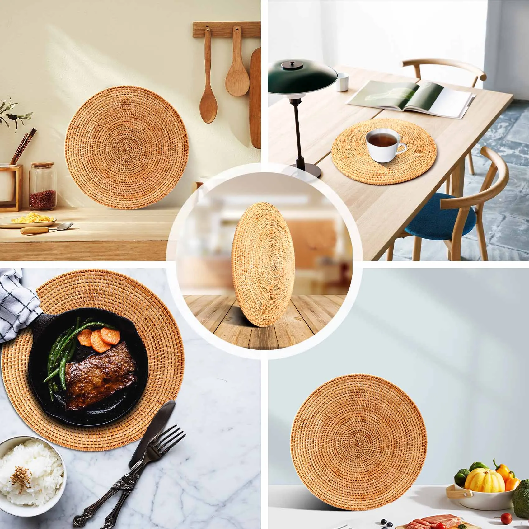 

F-F плетеные салфетки из ротанга, круглые коврики для стола, нескользящий термостойкий коврик для столовых приборов, плетеные подставки для столовых приборов, круглые подставки для горячей посуды