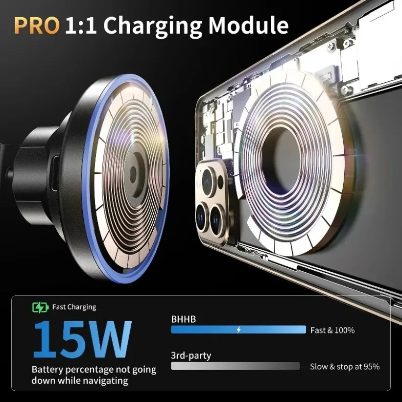 Compact Car Phone Holder Magnetic 15W Wireless Fast Charging Mount For Smartphone Universal Dashboard Bracket Black
