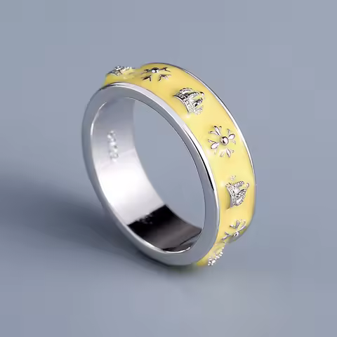 Classic New 925 Silver-plated Women's Ring Fashion Yellow Handmade Enamel Jewelry Cross Wilderness Crown Pattern Ring