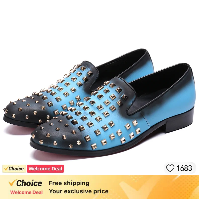 New Fashion Comfortable Genuine Leather  round toe rivet blue Flat Man  handmade Shoes slio-on men driving shoes