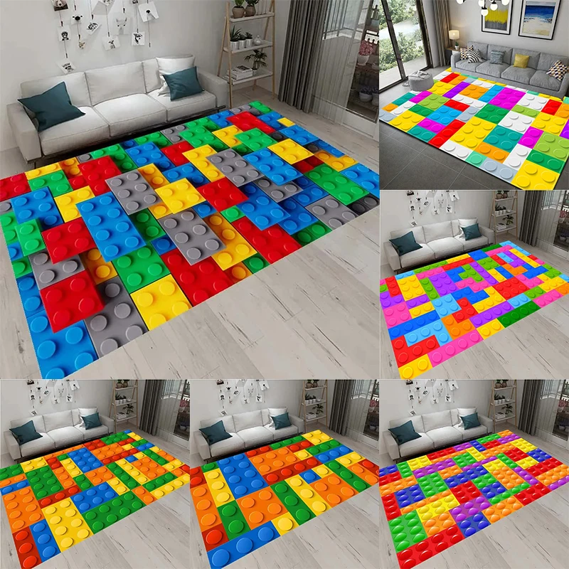 3D Colorful Building Block Toy Printed Carpet Children's Room Decoration Anti-Slip Floor Mat Home Living Room Bedroom Carpet