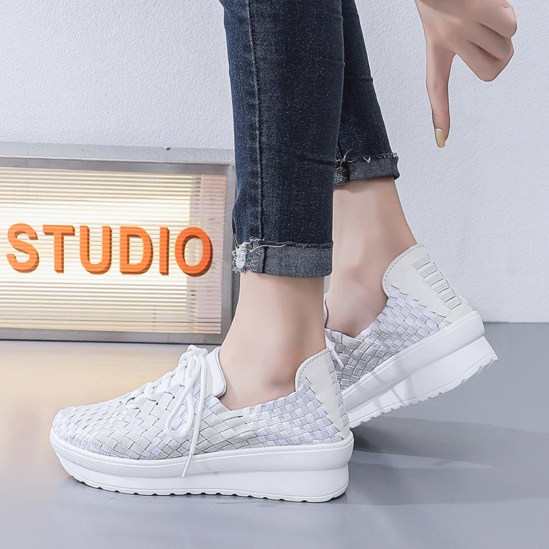 STRONGSHEN Women Platform Handmade Woven Shoes Women Slip on Casual Breathable Shoes Wedge Lace UP Shoes Women Footwear Shoes