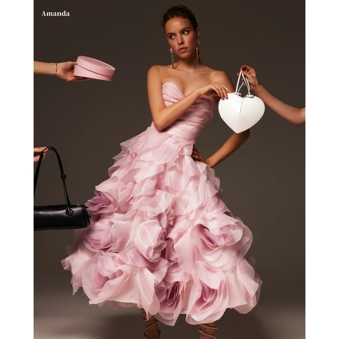 

Amanda Customized light pink strapless Prom Dress 3D rose ruffled tiered midi skirt vestidos de noche slim fit for charming Form