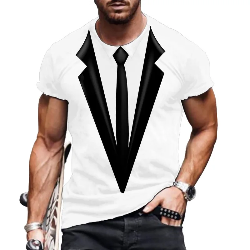 2022 Summer New Men\'s Short Sleeve T-Shirt Fake Suit Streetwear 3D Tank Top Fashion Funny Tuxedo Bow Tie 3D Print Top