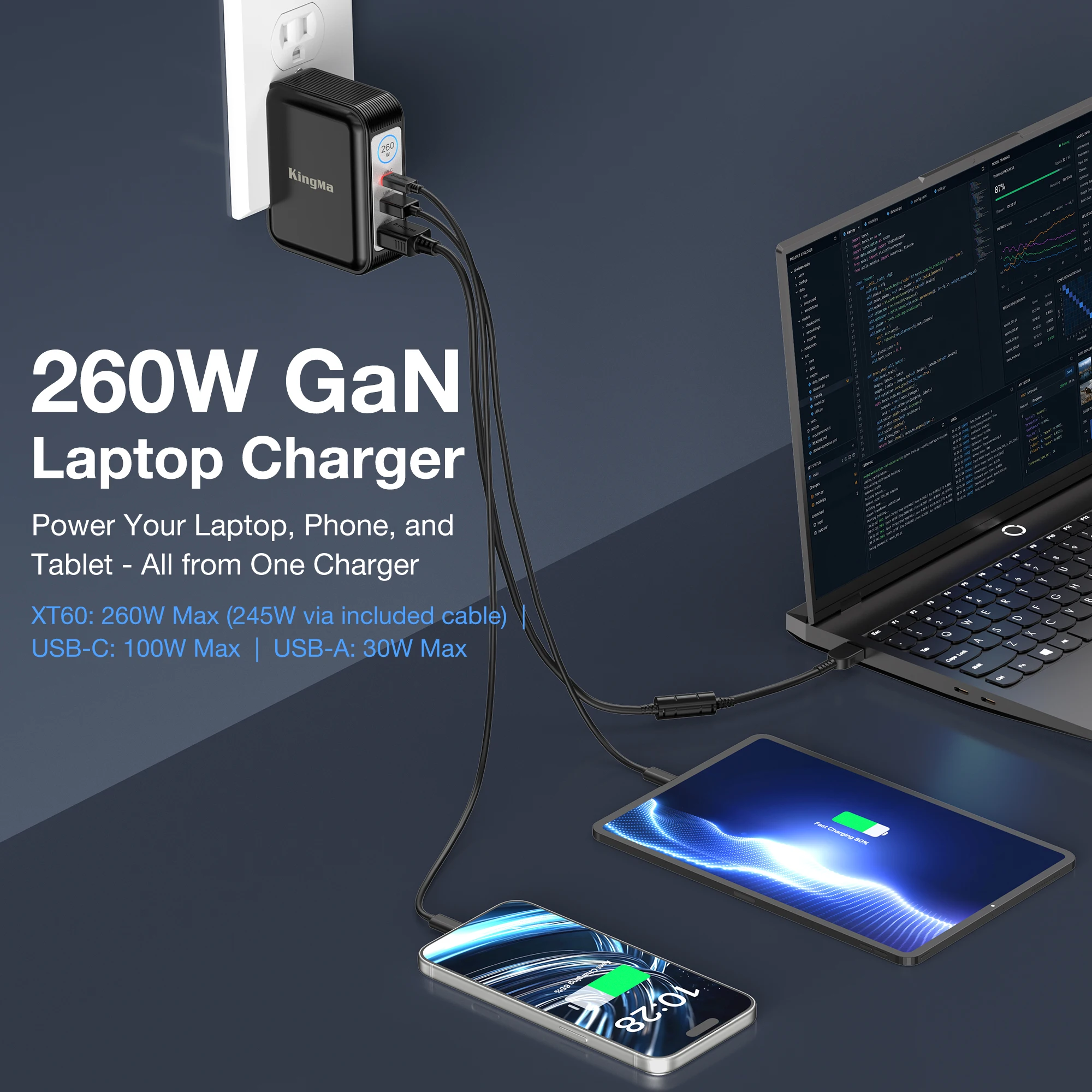 260W GaN Charger, XT60 to DC Cable Adapter, Replacement for Lenovo, ASUS ROG Zephyrus, Dell, HP, Acer, MSI, Razer Laptops