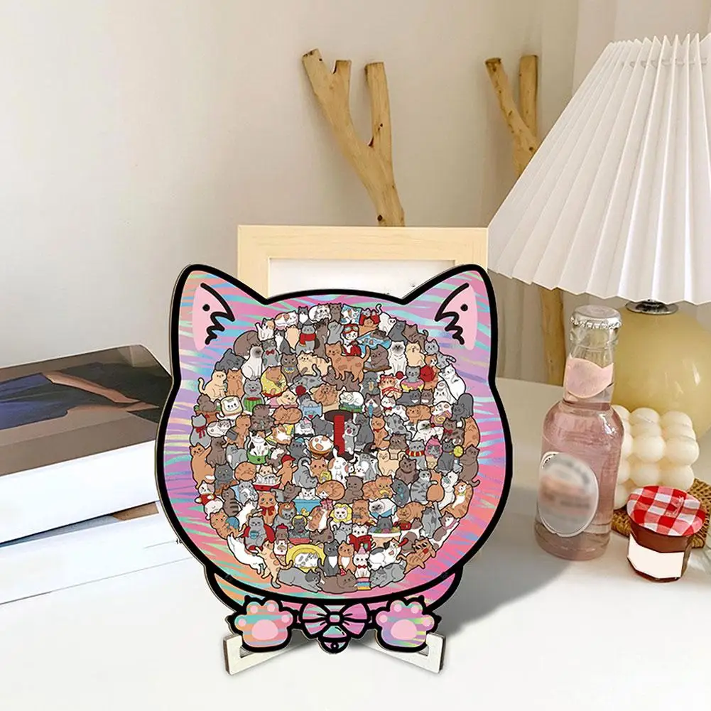 Colorful Wooden Cat Puzzle Unique Irregular Puzzle Pieces Game Fun Educational Toys Birthday Xmas Gifts For Cat Lovers For Kids