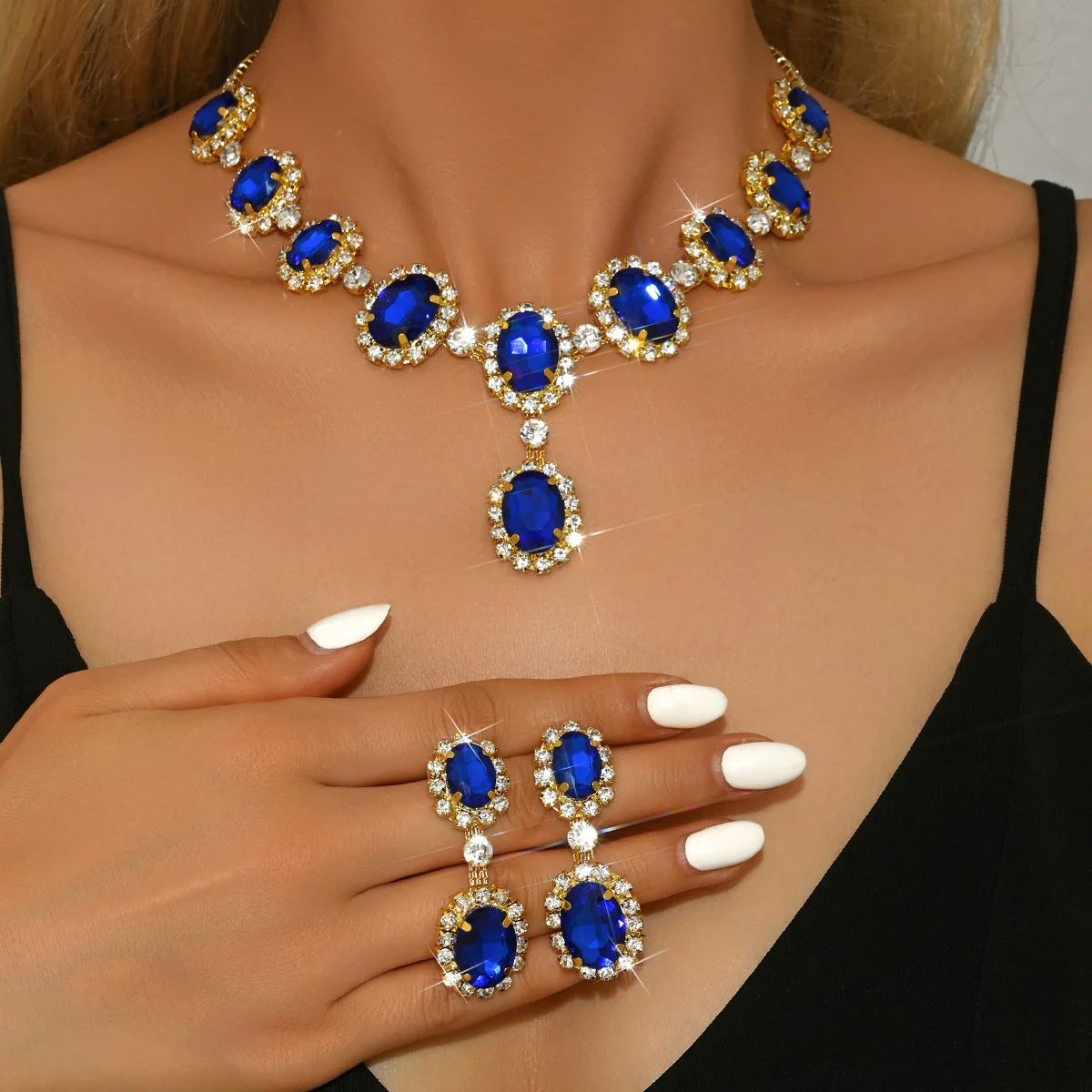 Fashion Zirconia Colored Diamond Drop-shaped Elegant Chain Earrings and Necklace Set - Two Pieces - Bridal Jewelry