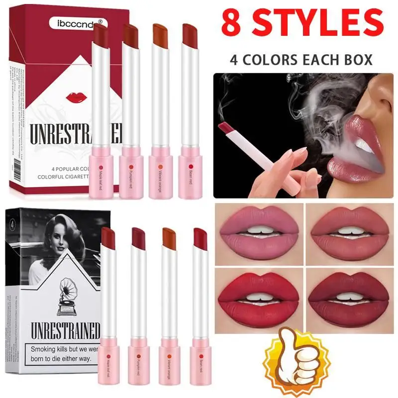 Lápiz labial con forma de cigarrillo, Pintalabios mate, resistente al agua, tubo de humo de larga duración, brillante, terciopelo, tinte labial, Juego de 4 unidades por caja