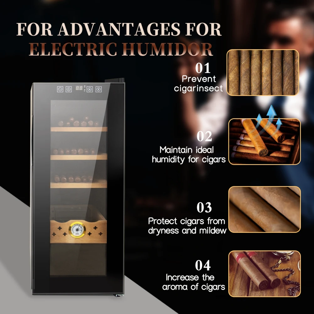 

35L Electric Humidor 250 Counts LED Lighted Temperature Adjustable Cigar Cabinet With Spanish Cedar Shelves For Gifts