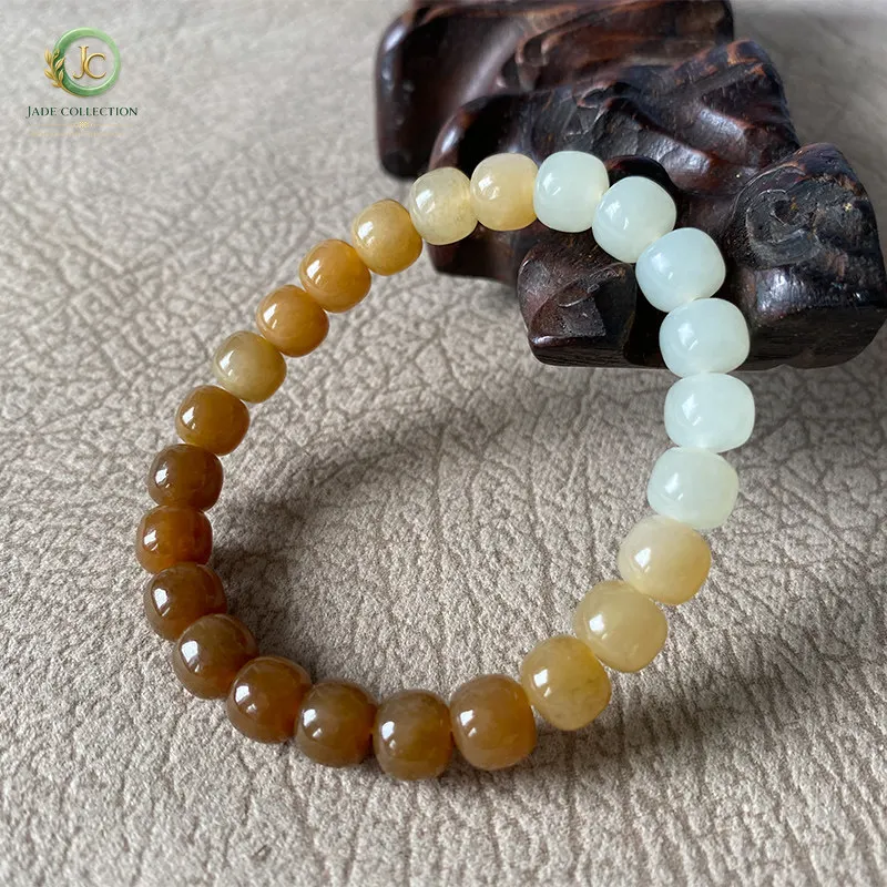 Xinjiang Hetian jade half sugar half white old bead bracelet women's sugar gradual change old bracelet jewelry jade 7x8