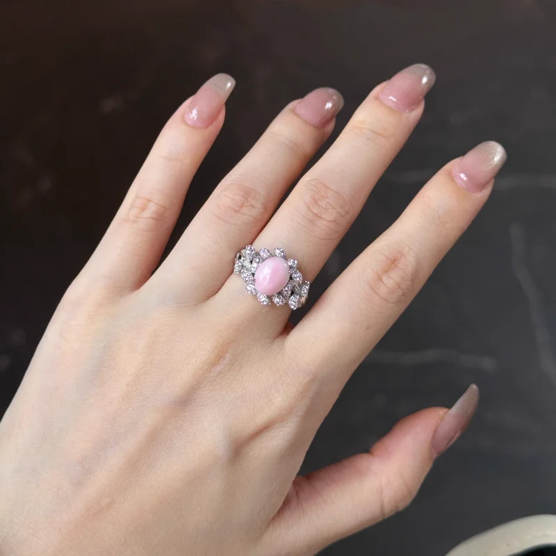 Cameo 925 Silver Gold Plated Synthetic Zircon Natural Pink Queen Shell Flower Fine Jewelry Ring for Women