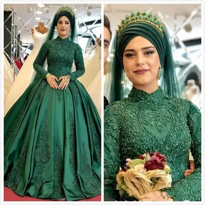 Customized Arabic Muslim Hunter Green Lace Beaded Wedding Dress High Neck Bridal Gowns Long Sleeves Gorgeous Marriage Dress Ro