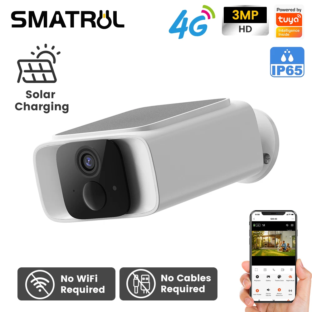 

SMATRUL Solar-Powered Security Camera CCTV 4G LTE Signal No Wifi Required 3MP Hd Resolution Motion Alarm Solar And Wired Chargin