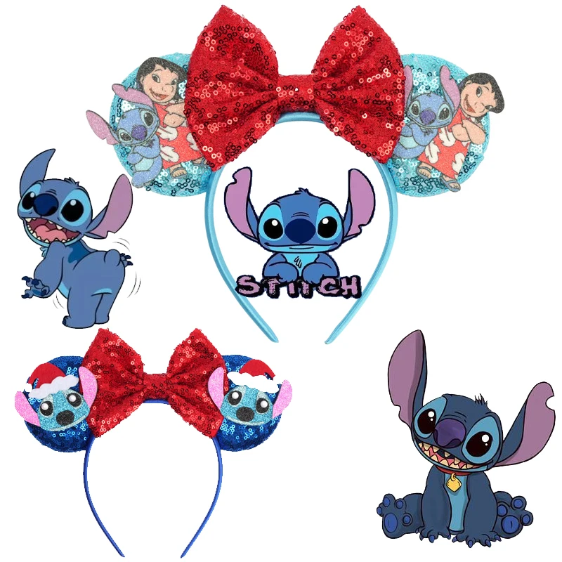 2026 Mickey Mouse Ohren-Stirnbänder für Damen, Party-Haaraccessoires, Cartoon Lilo & Stitch Stirnband für Mädchen und Kinder, Pailletten-Schleifen-Haarband