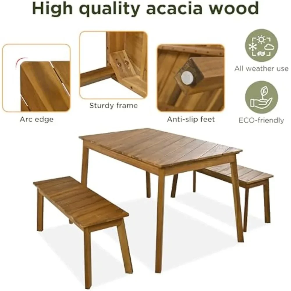 Outdoor Dining Set Picnic Beer Table for Patiofor 4-6 People，3 Pieces Patio Dining Set, Outdoor Acacia Wood Table and 2 Benches
